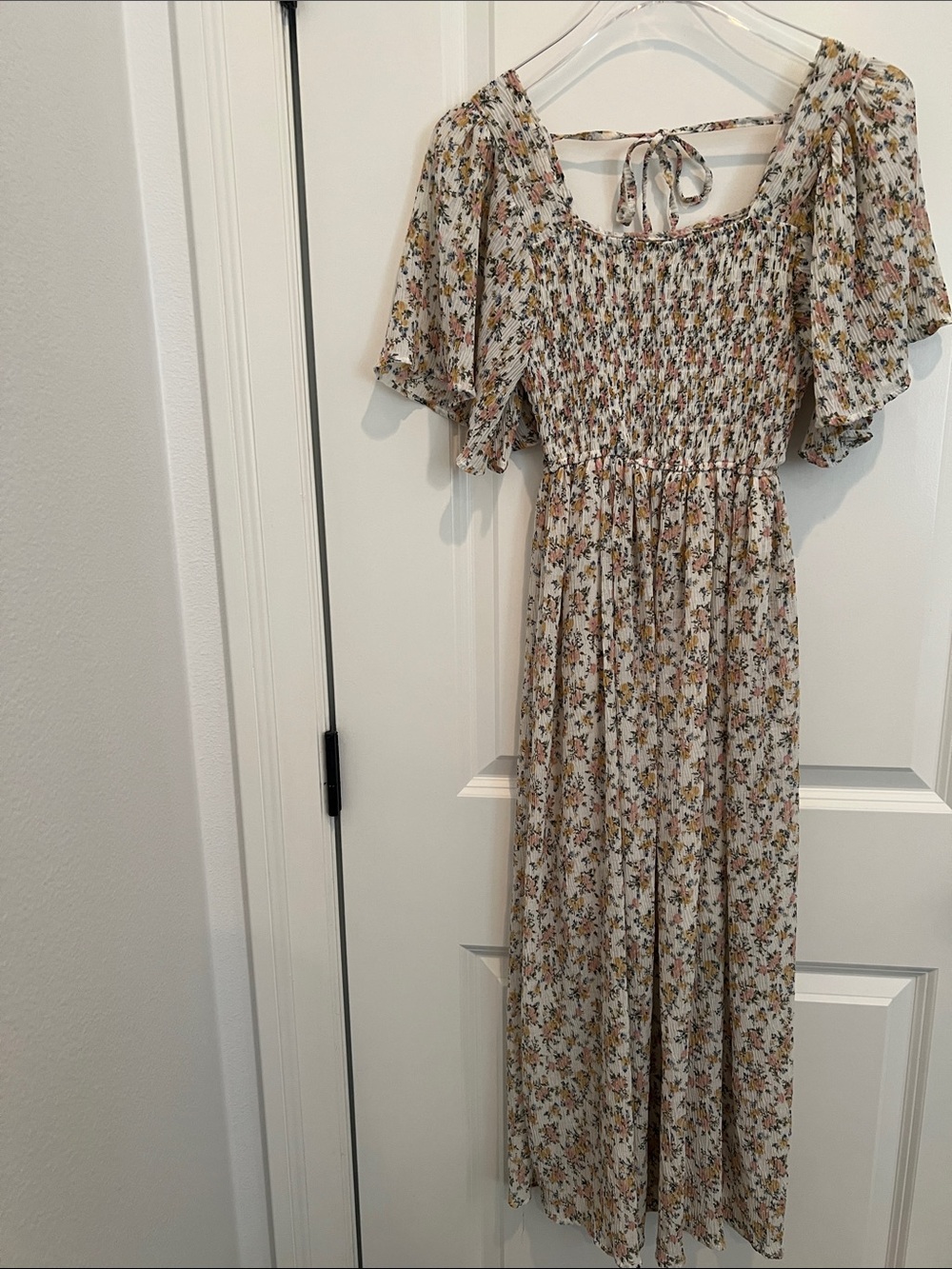 storets Cream Floral Smocked Maxi Dress with Mustard and Green Print